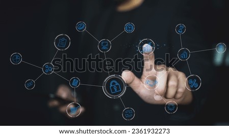 Business people working on desk with pop up and business Icon on visual screen.