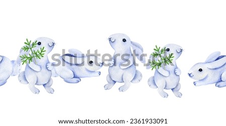 Watercolor seamless border with different cartoon cute bunny with christmas tree, funny animal, winter illustration, hand drawn sketch isolated on white background