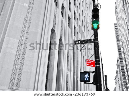 Wall Street road sign and traffic lights.