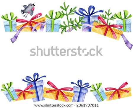 Watercolor seamless border of christmas theme with a Christmas tree and different gifts, bullfinch, winter illustration, hand drawn sketch isolated on white background