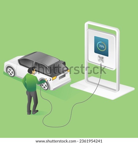 Flat concept isometric 3d illustration of man cashing electric car
