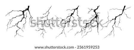 Lightning strike bolt silhouettes vector illustration set. Black thunderbolts and zippers are natural phenomena isolated on a white background. Thunderstorm electric effect of light and shining flash. Royalty-Free Stock Photo #2361959253
