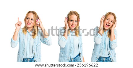 Set of Young woman listening music over white background