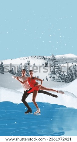 Talented young man and woman in costumes, figure skaters skating on open air ice lake. Contemporary art collage. Concept of winter season, holiday, happiness, joy and fun, vacation. Poster, ad