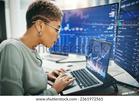 Laptop, investment graphs and business woman reading IPO analytics, financial bank chart or accounting value, info or stocks. Trade price, admin data analysis and profile of broker review statistics Royalty-Free Stock Photo #2361972561