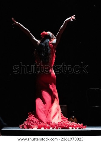  Teatro Sans. A real Andalusian flamenco show. Performance by flamenco artists with Spanish guitar and dancing.  Palma le Mallorca, Baleares islands, Spain. Royalty-Free Stock Photo #2361973025