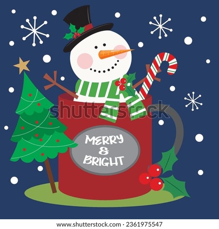 Christmas card, gift bag or box design with snowman in the cup