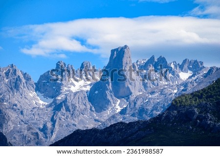 View on Naranjo de Bulnes or Picu Urriellu,  limestone peak dating from Paleozoic Era, located in Macizo Central region of Picos de Europa, mountain range in Asturias, North Spain Royalty-Free Stock Photo #2361988587
