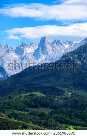 View on Naranjo de Bulnes or Picu Urriellu,  limestone peak dating from Paleozoic Era, located in Macizo Central region of Picos de Europa, mountain range in Asturias, North Spain Royalty-Free Stock Photo #2361988591