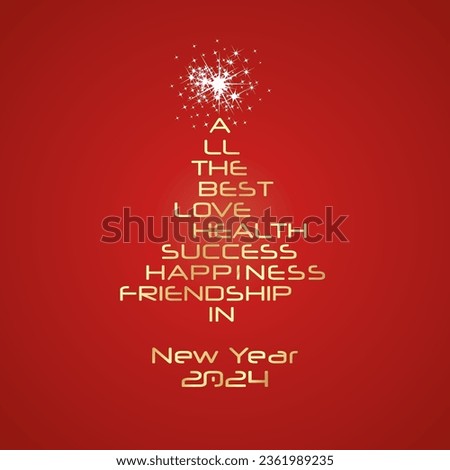 2024 eve All the best in New Year 2024 white typography golden shining Christmas tree wordcloud red background