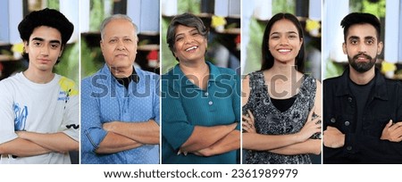 Indian happy diverse business entrepreneur people standing confidently cross arms looking camera posing for head shot portrait at office. Independent smiling freelance worker team member folding hand