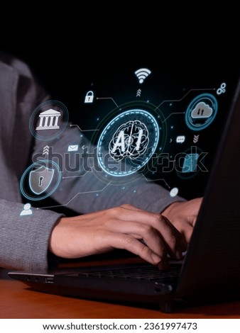 Vertical photo of A man interacts with artificial intelligence to optimize and automate computing, security, backup, cloud and data transfer processes.