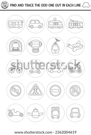 Find the odd one out. Transportation black and white logical activity for kids. Air, land, public transport educational quiz worksheet, coloring page. Printable game with car, bus, road signs, subway Royalty-Free Stock Photo #2362004619