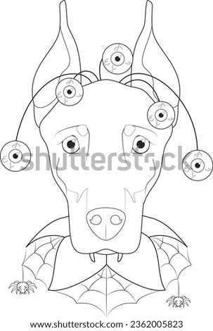 Halloween greeting card for coloring. Doberman dog dressed with terrifying eyes and a spider web collar