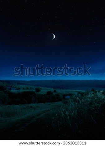 Half moon in a clear starry sky. Fields and wooded hills in the moonlight. Dreamy night view.