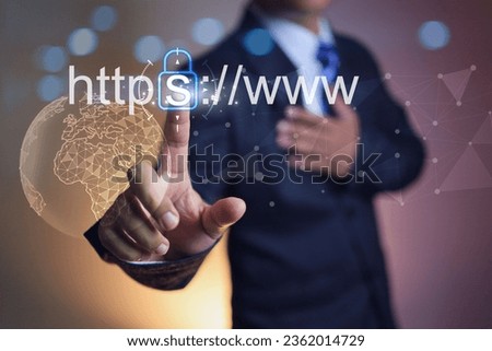Businessman touch on security https www choosing a domain type is more secure to increase security. Encrypted communication protocol using Asymmetric Algorithm. hand touch on chest gesture of trust
