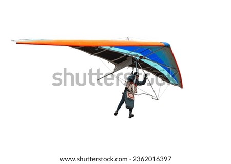 Funny hang glider pilot with stretched legs isolated on white