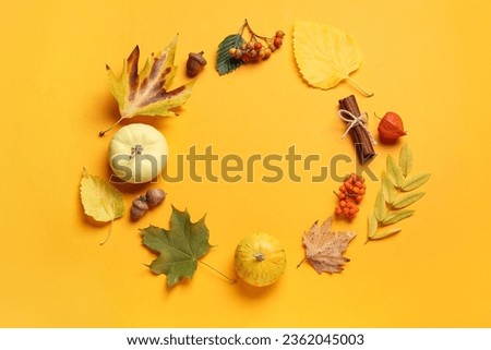 Frame made of natural forest decor and pumpkins on color background