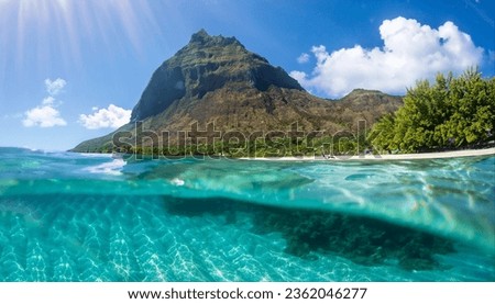 Blue ocean underwater and Le Morne mountain in Mauritius Royalty-Free Stock Photo #2362046277
