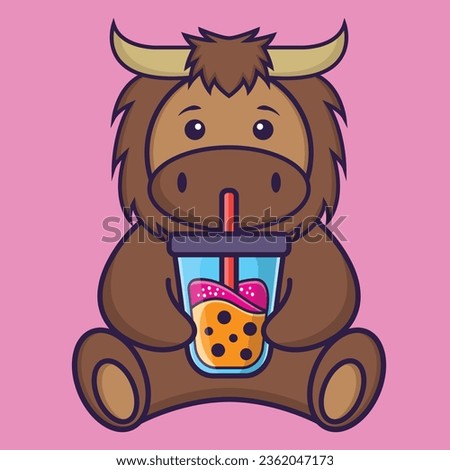 Cute bull Drinking Boba milk tea. Animal cartoon concept isolated. Can used for t-shirt, greeting card, invitation card or mascot.