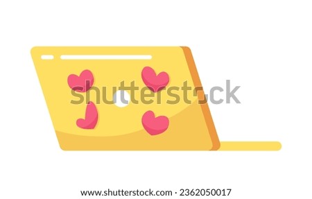 Heart stickers laptop semi flat colour vector object. Portable personal computer for working. Editable cartoon clip art icon on white background. Simple spot illustration for web graphic design