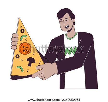 Optimistic indian man with big pizza slice flat line color vector character. Editable outline half body person on white. Food delivery simple cartoon spot illustration for web graphic design