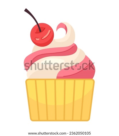 Ice cream bowl with cherry semi flat colour vector object. Tasty dessert. Soft serve ice cream. Editable cartoon clip art icon on white background. Simple spot illustration for web graphic design