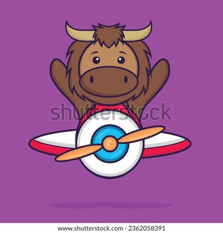 Cute bull flying on a plane. Animal cartoon concept isolated. Can used for t-shirt, greeting card, invitation card or mascot.