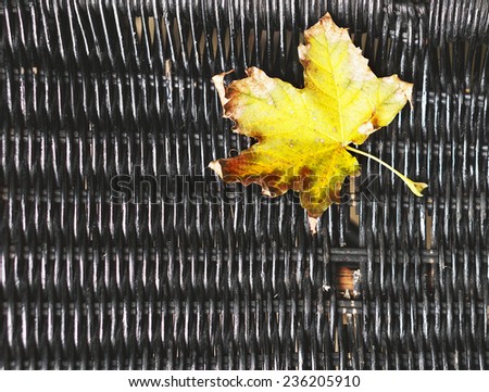 A yellow autumn leaf on a wicker background