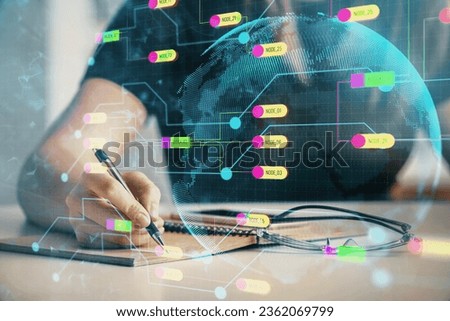 Multi exposure of woman's writing hand on background with data technology hud. Concept of innovation.