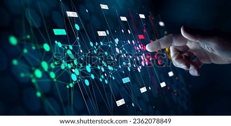 Big data analytics with AI technology. Data analyst analyzing and visualizing complex information network with artificial intelligence. Machine learning algorithm for business analytics and finance. Royalty-Free Stock Photo #2362078849