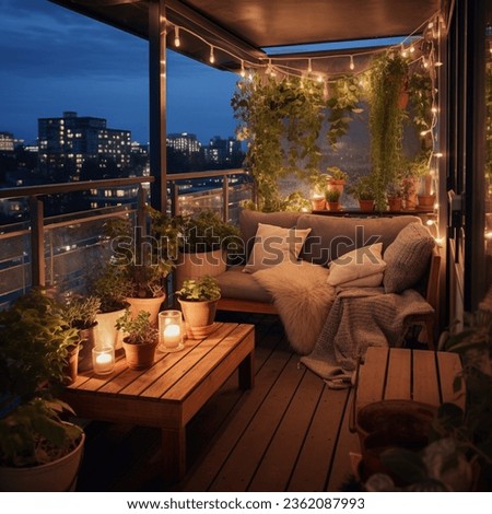 A cozy apartment balcony filled with plants and string lights
