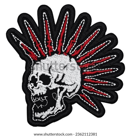 Mohawk Skull Embroidered Patch. Punk rock style. Accessory for rockers, metalheads, punks, goths. Royalty-Free Stock Photo #2362112381