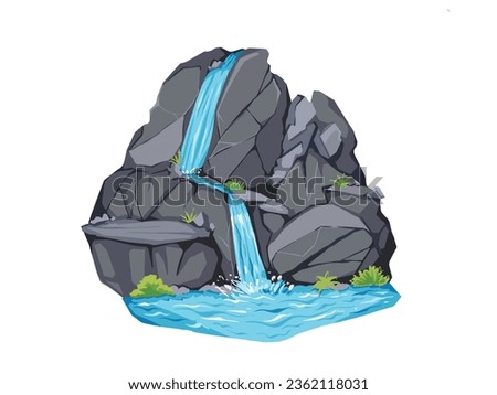 Beautiful waterfall with big dark gray rocks and small grasses plants decorations vector illustration isolated on horizontal white template. Simple flat cartoon scenery art drawing.