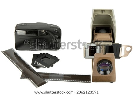 Overhead projector, slides and film camera isolated on white background. Collage.