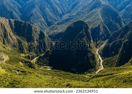 Aerial view of Urubamba valley from Machu Picchu mountain, Peru Royalty-Free Stock Photo #2362134951