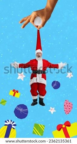 Poster. Contemporary art collage. Modern creative artwork. Human, female hand holding Santa Claus, his hat over falling presents. Concept of winter holidays, December, cozy atmosphere, fun, happiness.