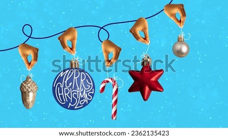 Poster. Contemporary art collage. Modern creative artwork. Garland with hands holding decorations, new Year toys for Christmas Tree. Concept of winter holidays, December, fun, happiness.