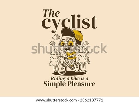 The cyclist, riding a bike is a simple pleasure. illustration of A boy riding bicycle, pine trees, retro style