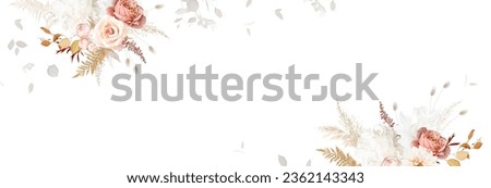 Rust orange and blush pink antique rose, beige and pale flowers, creamy peony, ranunculus, dahlia, pampas grass, fall leaves wedding vector banner. Floral watercolor arrangement. Isolated and editable Royalty-Free Stock Photo #2362143343