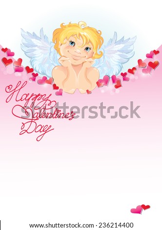 Cute angel with red paper hearts confetti and lights. Valentines Day card design. 