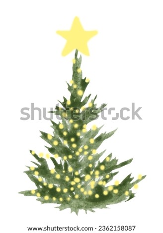 Watercolor Christmas tree with star and lights