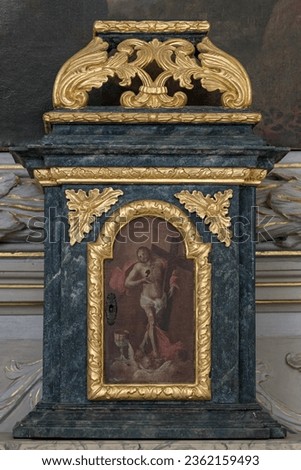 Detail of a reliquary with a depiction of Jesus - gilded. Royalty-Free Stock Photo #2362159493