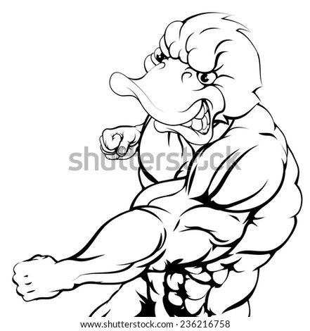 A tough muscular duck character sports mascot attacking with a punch