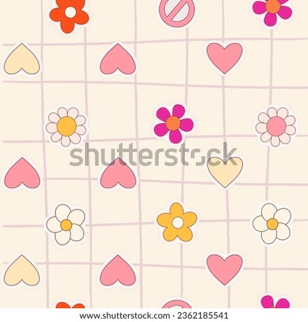 
Cartoon pictures of flowers arranged in alternating order on a background of a decorative grid of educational gift paper. colorful cute popular decorative paper pictures fashion clothes children adul