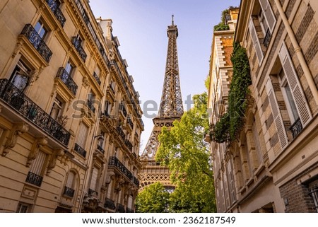 Beautiful view to the Eiffel Tower in Paris between the typical mansions - travel photography in Paris France
