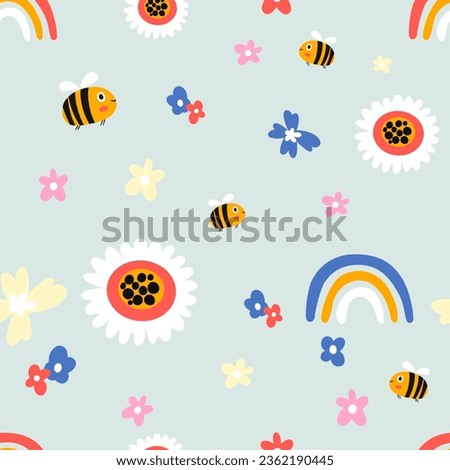 
Cartoon image bee rainbow flower zigzag fashion decoration paper gift colorful cute popular decorative paper pictures fashion clothes children adults boys and girls hand drawn seamless
