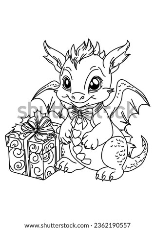 Funny dragon with a gift box. Coloring page for children.