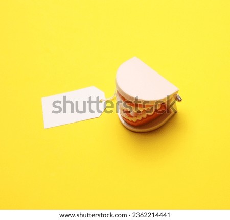Human jaw model with price tag on yellow background