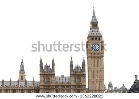 Houses of Parliament and Big Ben in London, England, United Kingdom, isolated on white background